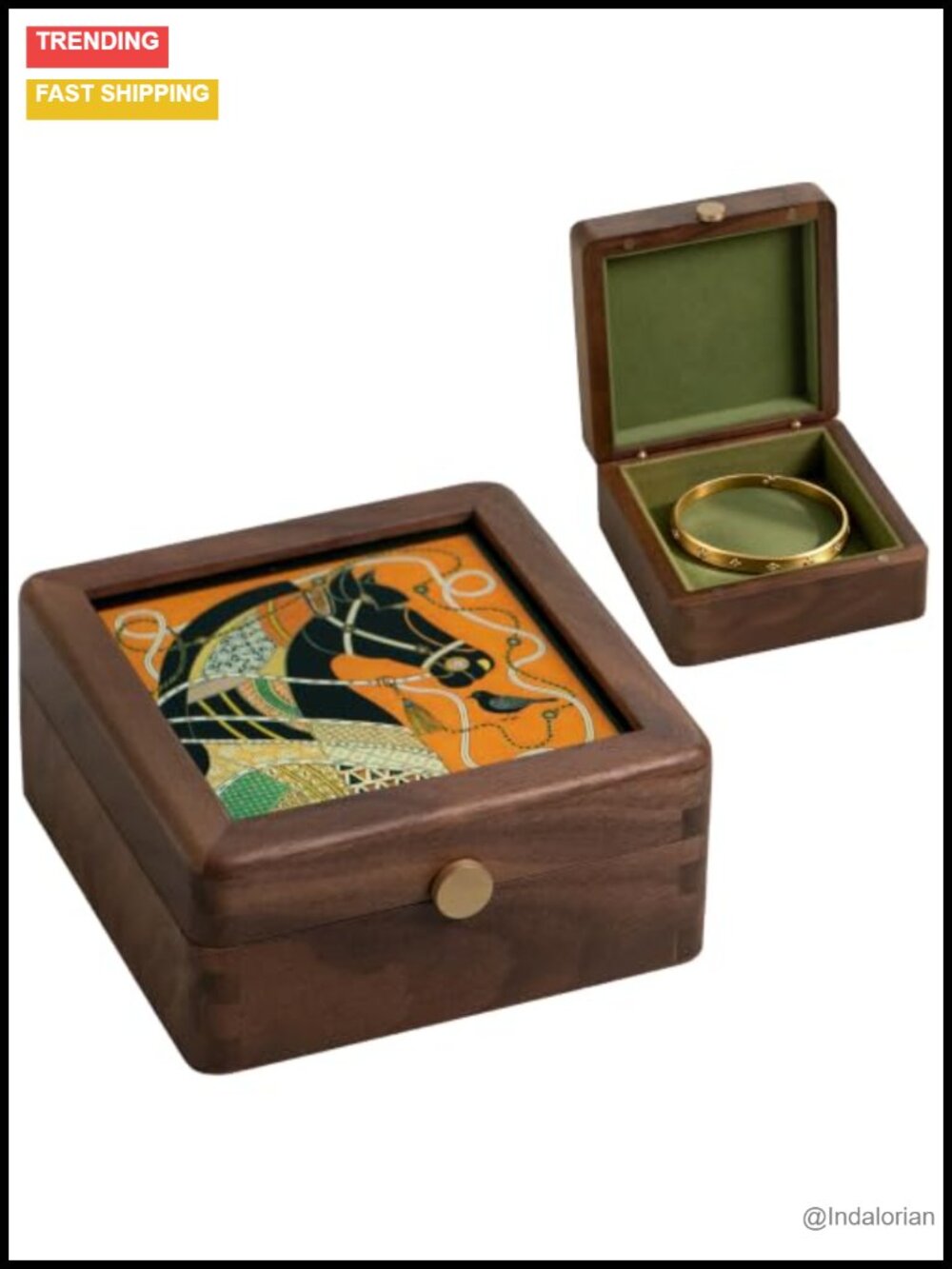 Solid Black Walnut Wooden Jewelry Box Small Velvet Lined Horse Design